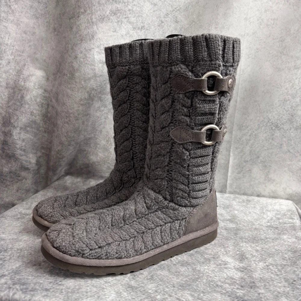 UGG Tularosa Women's‎ Gray Cable Knit Mid-Calf Boots Sheepskin Lined 3177 SIZE 8